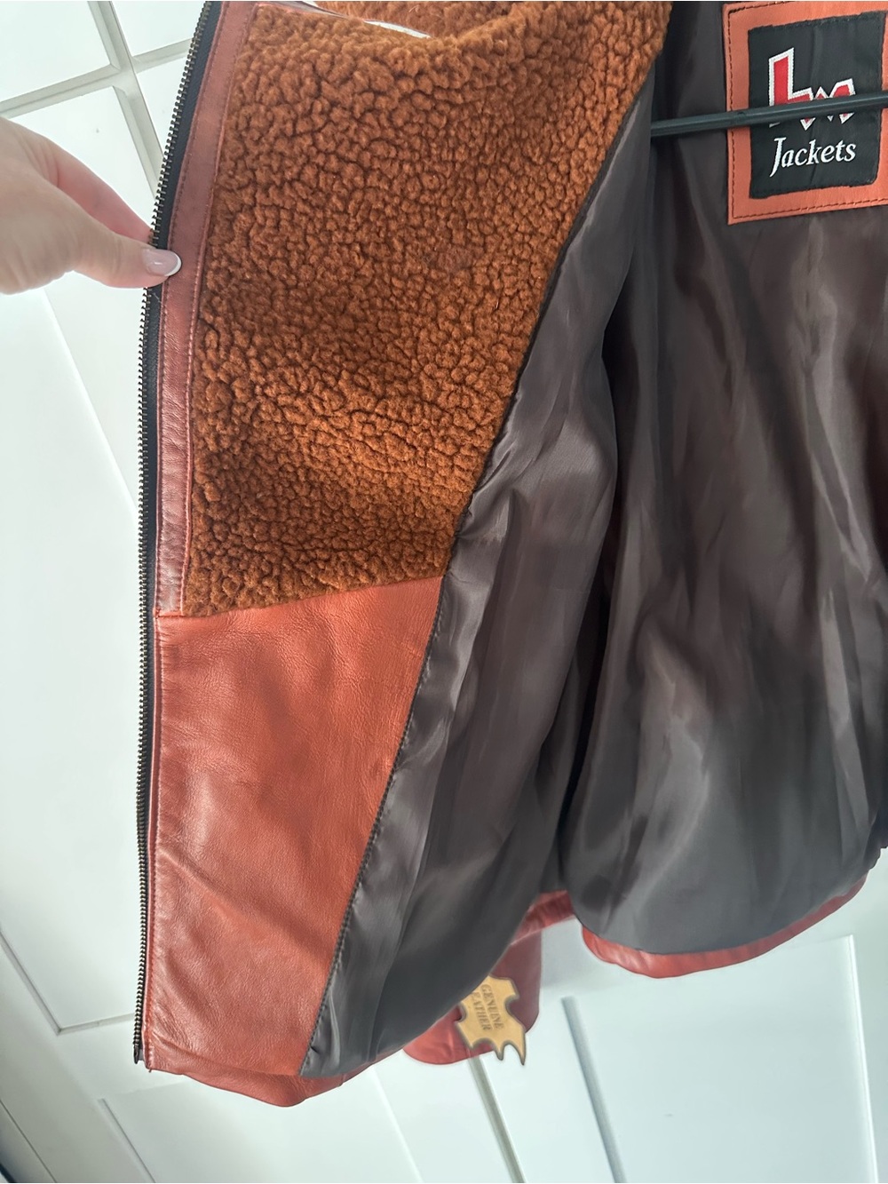 Women's Red Leather Moto Jacket with Shearling Collar - Picture 8 of 9